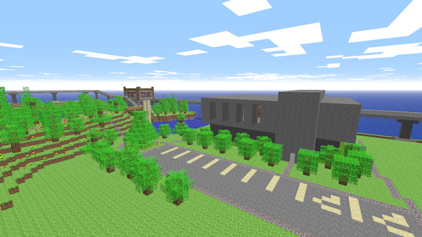 View of gallery with monorail station in background